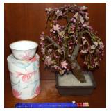 Oriental Pcs w/ Faux Jade Tree, Chopsticks + Cups