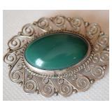Vtg Mex 925 Sterling & Green Onyx Oval Brooch