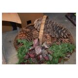 Handled Woven Basket w/ Pines Cones & Holiday