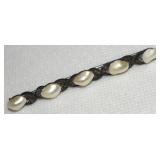 Vtg 925 Sterling & Pearl Bar Brooch 3" wide