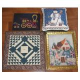 (4) Handcrafted Pcs w/ Framed Needlepoint Cottage