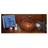 Shelf Contents Lot w/ Fishing Motif Clock, Carved