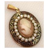 Vtg Coro Goldtone Rhinestone Cameo Pendant