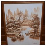 Vintage Signed Original Chinese Junk Boat Scene
