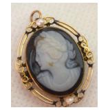 Antique 10k Gold & Seed Pearl Cameo Pendant /