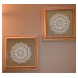(2) Oak Framed 13.25sq Crocheted Doily Wall Art