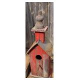 Weathered Red Painted Wood & Metal Bird House