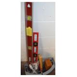 Handled Tote of Tools w/ Levels, Hammer, Rubber