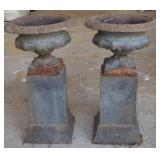Pair Small Cast Iron Urn Planters w/ Pedestal 13.5