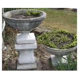 (2) Concrete Patterned Bowl Planters + Column Base