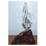 Vtg Blown Art Glass Whale w/ Burl Wood Base 7"