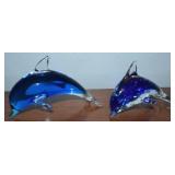 (2) Blown Art Glass Blue/Clear Dolphin Figures