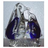 Vtg Blown Art Glass Blue & Clear Penguins Figure