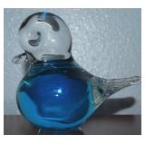 Vtg Studio Blown Art Glass Blue & Clear Bird Fig
