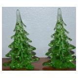 (2) Green Art Glass Christmas Trees 6" Tall