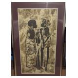 Framed African Batik Artwork Signed "KM" 41 x 25