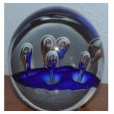 Vintage Controlled Bubble Blue Glass Paperweight