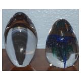 (2) Vintage Art Glass Egg Paperweights w/ Blue
