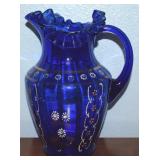 Victorian Enamel Painted Optic Blue Ruffed Pitcher