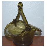 Vtg Olive Green Twisted Art Glass Handled Basket