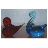 (2) Studio Art Glass Birds w/ Amberina + Blue Swan