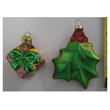 (2) Blown Glass Christmas Ornaments: Gift + Holly