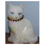 Fenton Iridized Milk Glass Painted Cat Figure 4.25