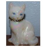 Fenton Iridized Milk Glass Painted Cat Figure 4.25