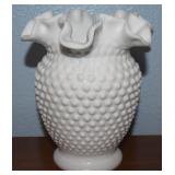 Vintage Fenton Hobnail Milk Glass Ruffled Vase