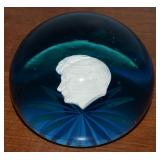Vtg JFK Sulphide Blue Art Glass Paperweight