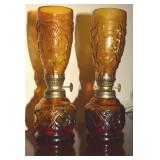 Pair Vintage Hong Kong Stained Glass Oil Lamps