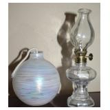 Swirled Iridescent Art Glass Oil Lamp + Miniature