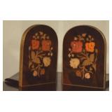 Vtg Marquetry on Burled Wood Folding Bookends Pr