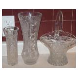 (3) Clear Glass/Cut Crystal Pcs w/ 9 7/8t Vase