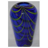 Cobalt Blue w/ Yellow Swirls Art Glass Vase 9.5t