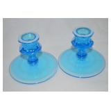Pair Vtg Light Blue/White Trim Glass Candleholders