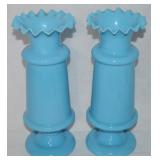 Pair Victorian Opaline Blue Bristol Glass Ruffled