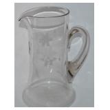 Antique Etched Glass Handled Pitcher 9.5t