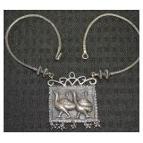 Vtg Indian Silver Tribal Birds Plaque Pendant