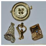 (4) Goldtone Brooch Lot w/ Button, Bell, Treasure