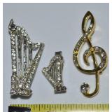 (3) Musical Themed Brooch Lot w/Rhinestone Harps