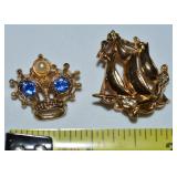 (2) Vtg Goldtone Rhinestone Brooch Lot Ship Crown