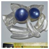Vtg Lucite Brooch w/ Blue Moonglow Beads