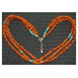 925 Sterling Amber & Turquoise Bead 3 Row Necklace