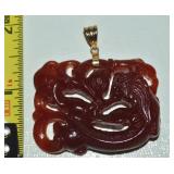 14k Gold Bale Carved Red Jade Dragon Pendant