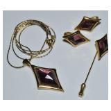 Vtg Goldtone Jewelry Set w/ Faux Amethyst Stone