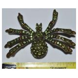 Bronze Finish Green Rhinestone Spider Brooch