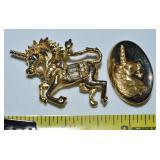 (2) Vintage Goldtone Unicorn Brooches: Direction