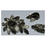 Vtg Smoky Grey & Clear Rhinestone Brooch & Clip