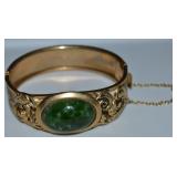 Vtg Goldtone Hinged Bangle Bracelet Green Cabachon